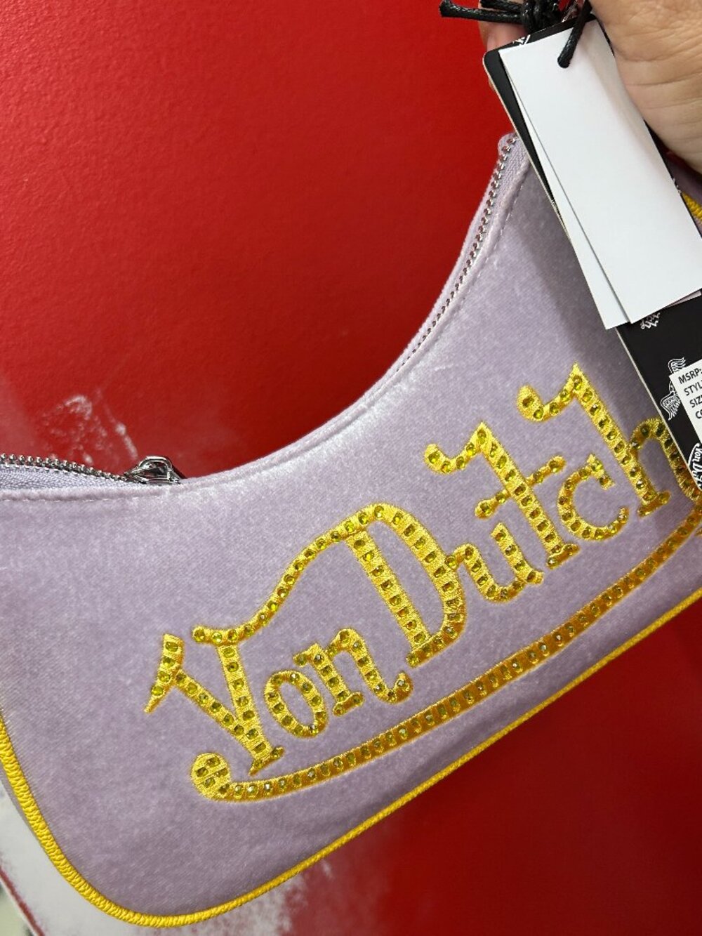 Von Dutch Purple & Yellow Rhinestone Velvet Shoulder Bag